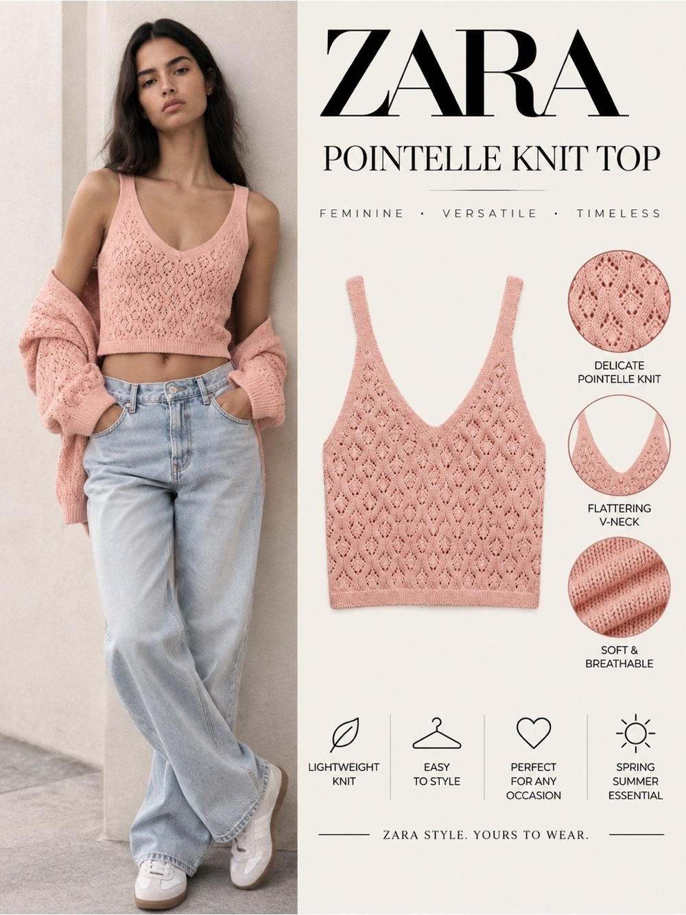 ZARA Pink Pointelle Knit Crop Tank Top NWT Sizes S M 1822/116